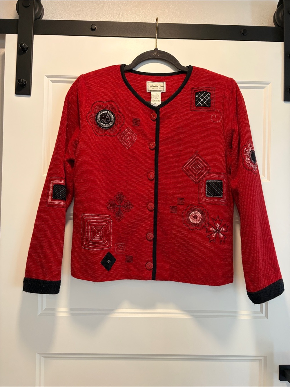 Garnet Red Embroidered Jacket with Black Trim by Napa Valley Petites. Stunning.